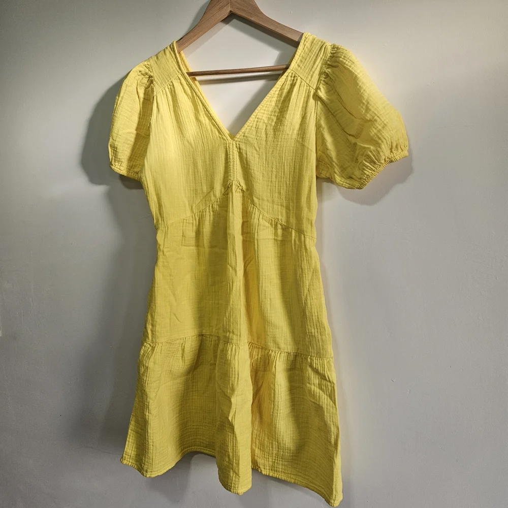 Brigth Yellow GAP crinkle gauze puff sleeved tiered mini dress size XS Festival - Picture 5 of 11